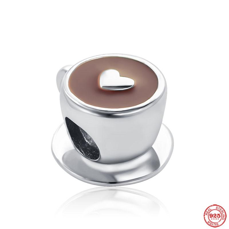 New 925 Silver Fine Coffee Cup Pendant Fit Original Bracelet Diy Jewelry Women Wine Glass Bottle Drink Charm Red Heart Clip Bead