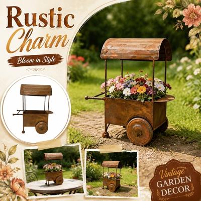 Vintage Style Iron Cart Planter with Roof for Outdoor Garden Patio Decoration Rustic Metal Flower Pot Holder