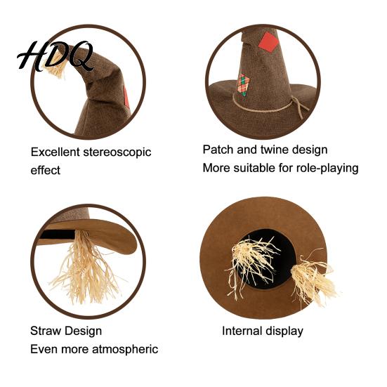 Fashionable Witch Hat Scarecrow Hat Novelty with Straw Halloween Costume Carnival Accessory for Cosplay Party Festival Dress Up Prop Lightweight