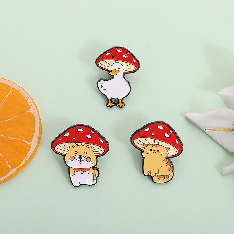Kawaii Cat Under Mushroom Cap Enamel Pins Cute White Goose Dog Cartoon Animal Brooches Lapel Badge Jewelry Gifts for Friends