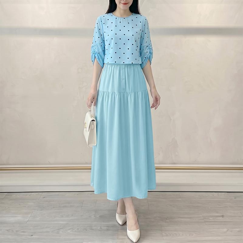 ZANZEA Women Half Sleeve Polka Dot Print Blouse and Long Skirts Casual Two Piece Sets S синий