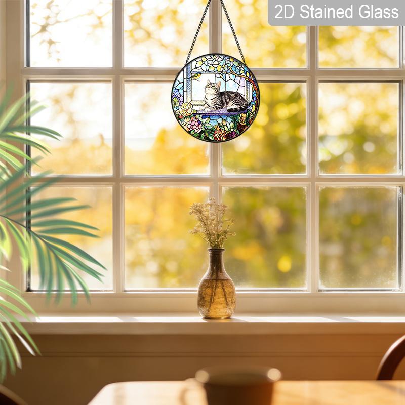 2D Flat Stained Glass Cat Window Decoration, 7.87inches Cat On The Windowsill Flowers Design Colored Glass Plate with Chain, Charming Spring Summer