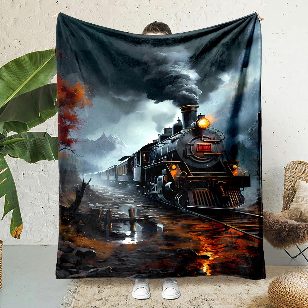 Vintage Train Print Throw Blanket  Reversible Flannel for AllSeason Journeys Nostalgic Comfort  Railroad Gift Charm 75x100cm