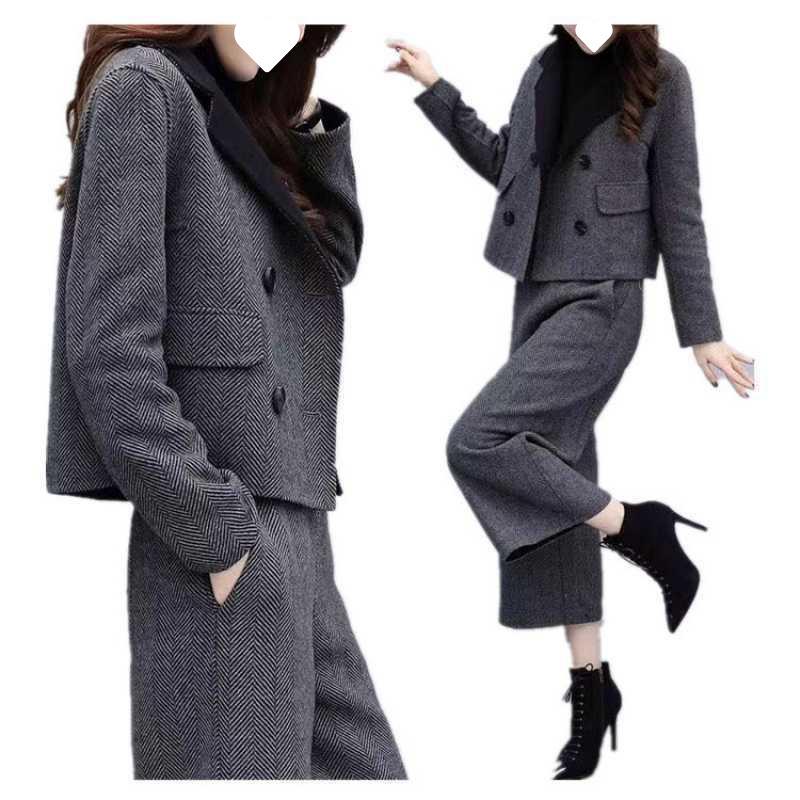 2025 Autumn/Winter Women's Herringbone Wool Coat & Wide-Leg Pants Set