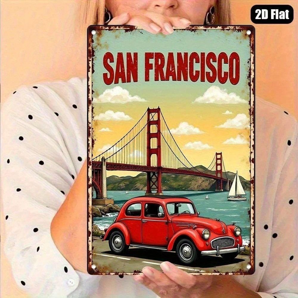 Vintage San Francisco Retro Metallposter, Golden Gate Bridge Sonnenuntergang Rotes Auto Kunst für Wand Garage