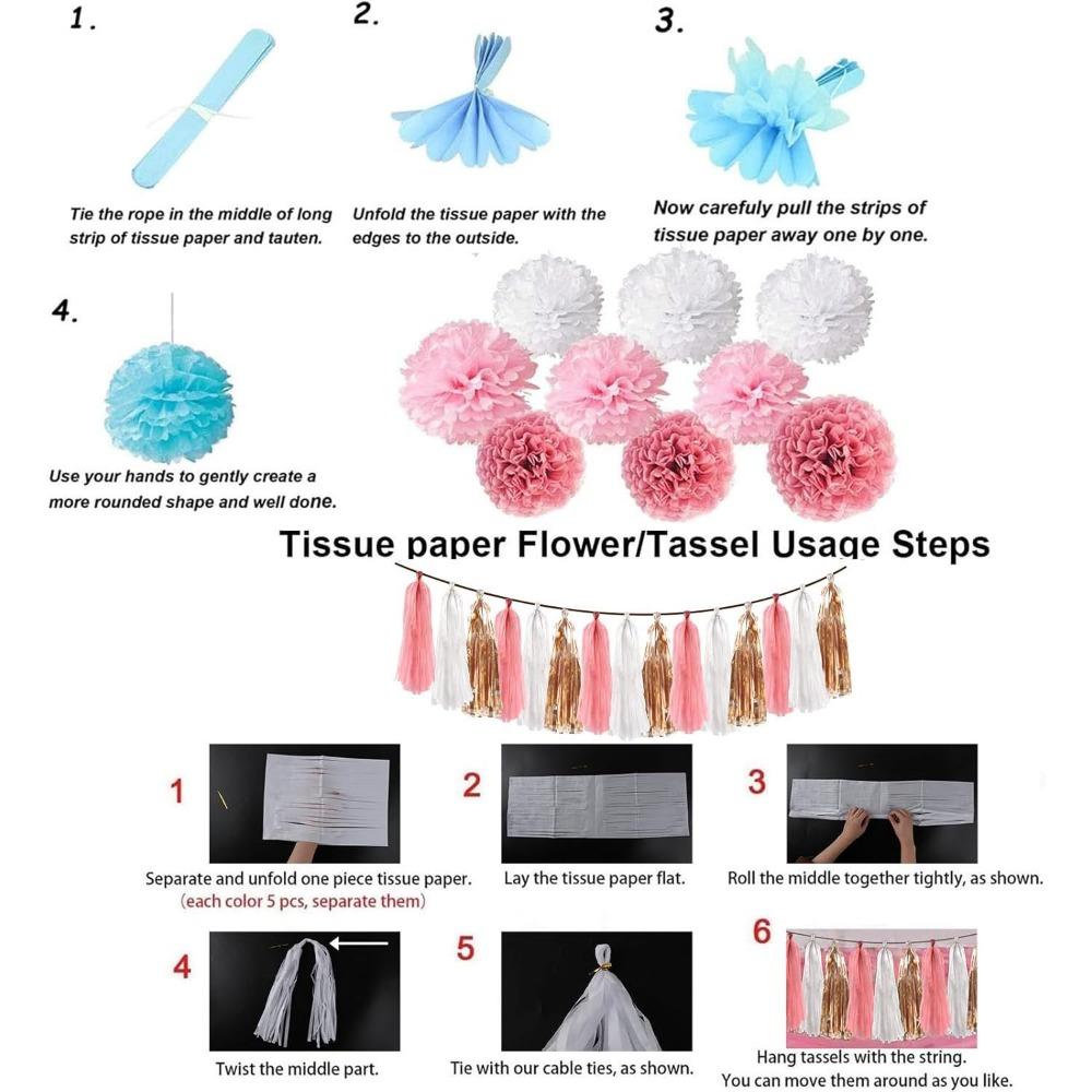 14pcs Pink Rose Gold Party Decorations Set Glittery Happy Birthday Banner Tissue Paper Pom Circle Dots & Tassel Garlands