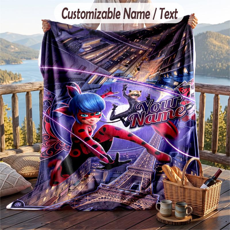Coperta in Flanella Miraculous Ladybug, Testo con Nome Personalizzato, Morbida Calda Coperta Plaid in Peluche per Regalo