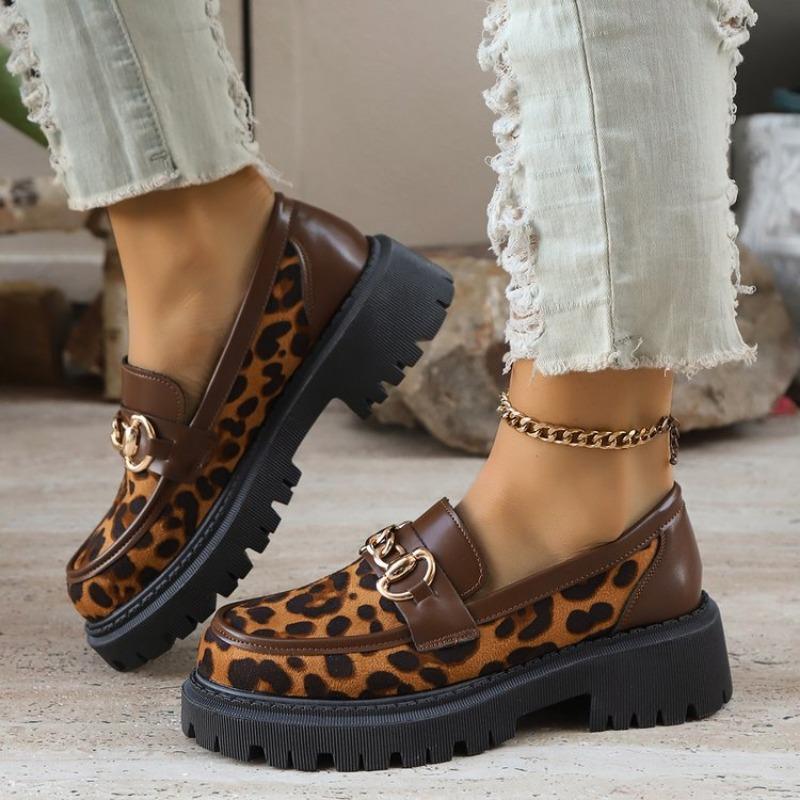 Women's Fashion Leopard Patchwork Slip-on Loafers Chunky Heel Platform Flats 2025 New Moccasins Casual Shoes Plus Size Zapatos