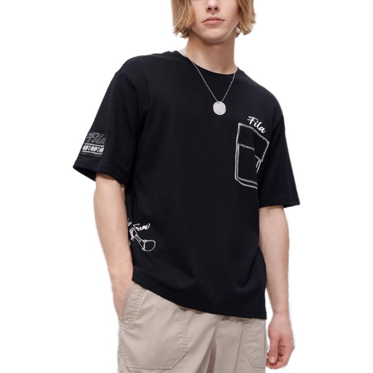 FILA New Pocket Letter Print Casual American Vintage Short Sleeve T-Shirt Men Tops Deep-Black T11M326103A-BK