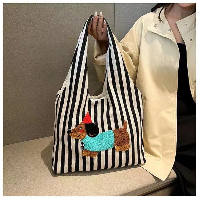A Stylish and Casual Striped Tote Bag Featuring a Cute and Fun Dachshund Embroidery Pattern, Durable Bag Has a Nylon Lining, Suitable for Charming
