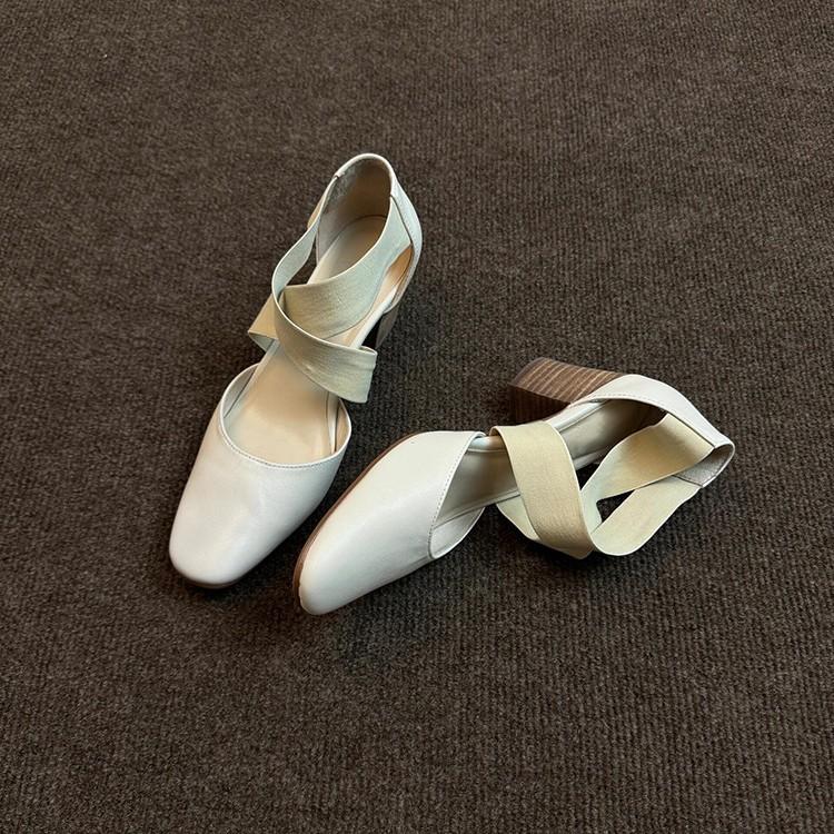 Easy To Wear Version~ New Retro Versatile Ballet High Heels Children Thick Heel Cross Belt Hollow Casual Bag Head Single Shoes