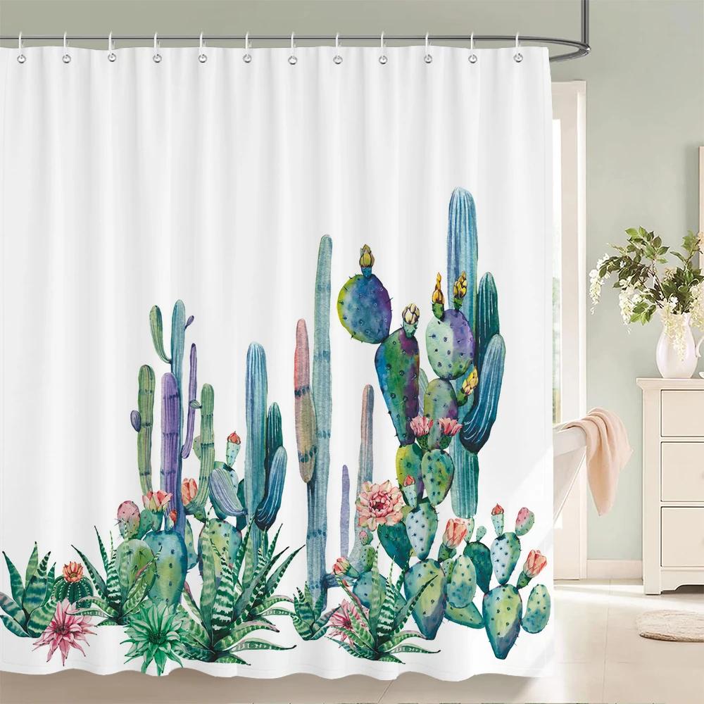 

Cactus Pattern Bath Curtain Waterproof Fabric Shower Curtains Fresh Flower Plant Bathtub Screen for Bathroom Home Decoration W90xH180cm