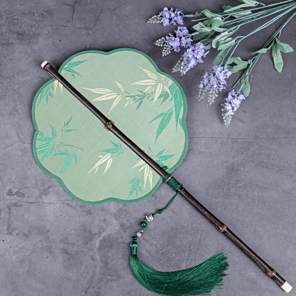 Chinese Ancient Style Black Bamboo Waist Fan Han Dynasty Circular Fan Chinese Style Long Handle Tassel Curling Folding Fan Classical Portable Wrist