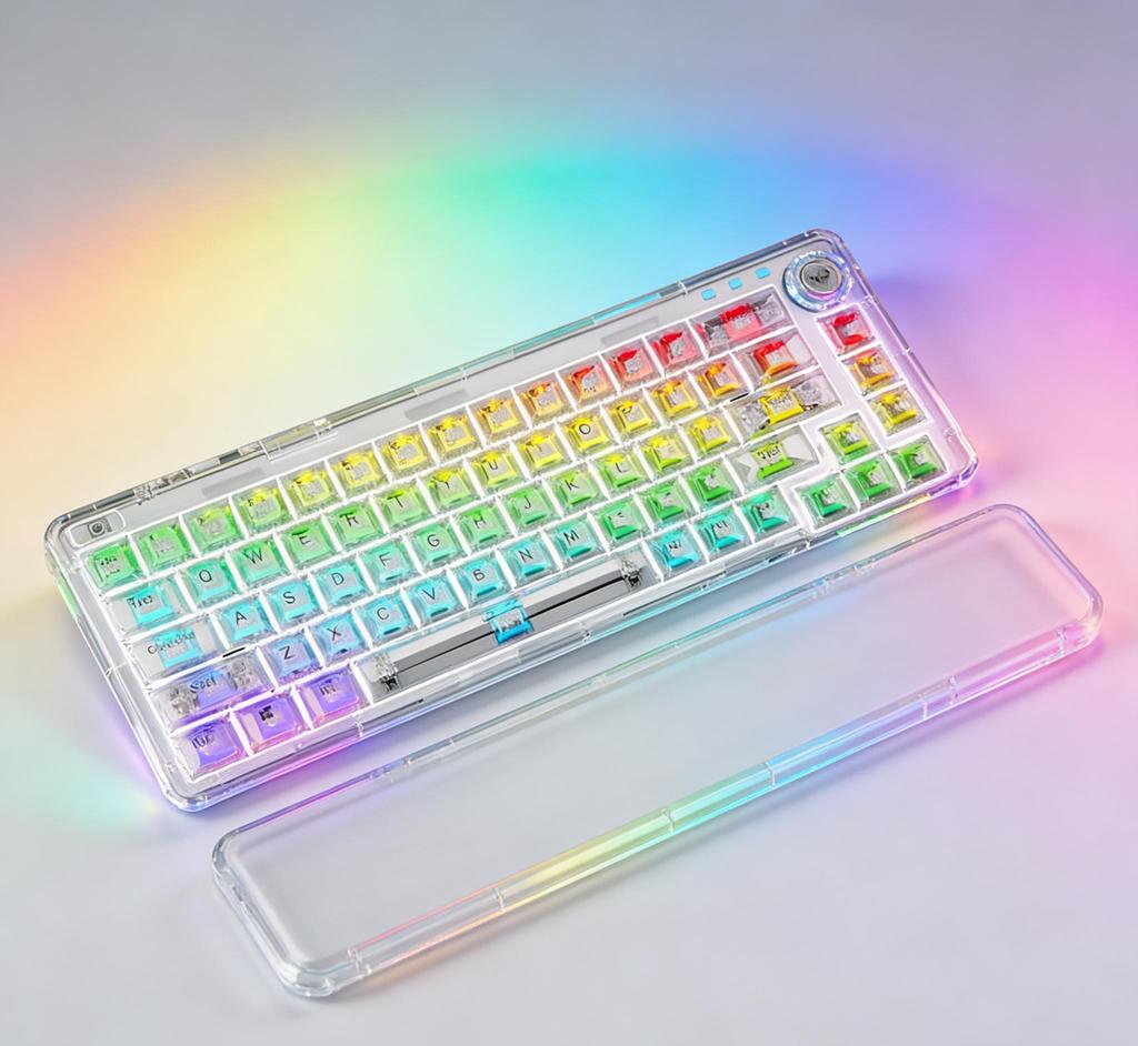 3-in-1 Transparent Mechanical Keyboard, Hot Swappable, RGB Backlit, Custom Keycaps for Gaming Office