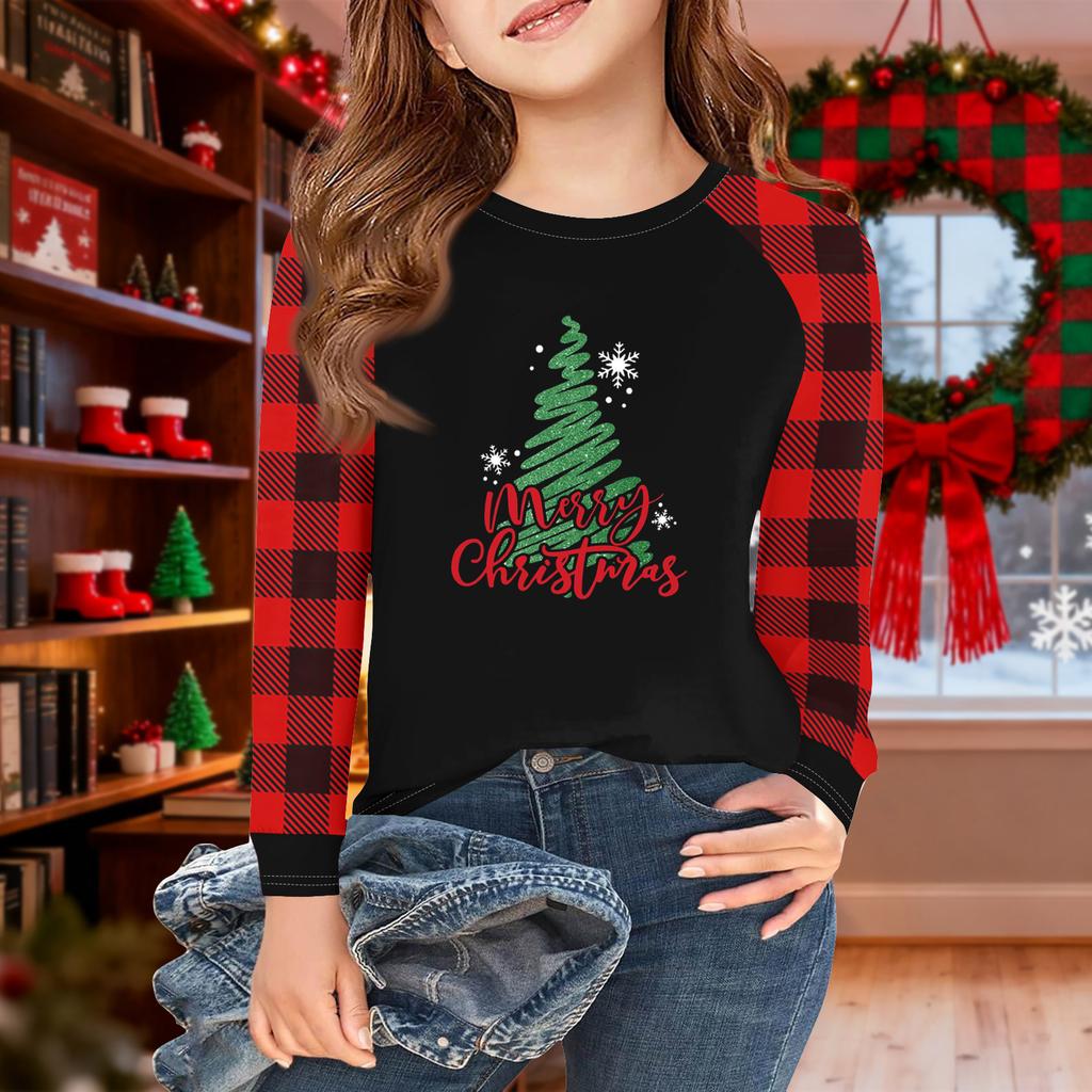 Girls Long Sleeve Christmas Day T Shirts Kids Fall Tops Crewneck Basic Tees 5-14Y