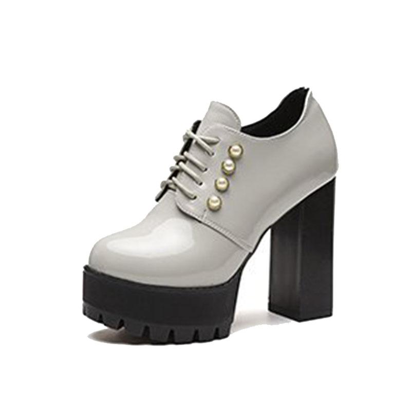 Fashion Spring and Autumn New High-heeled Single Shoes Fashion Solid Lace Up Patent Leather Pumps for Women Chunky Heeled Ladies Shoes