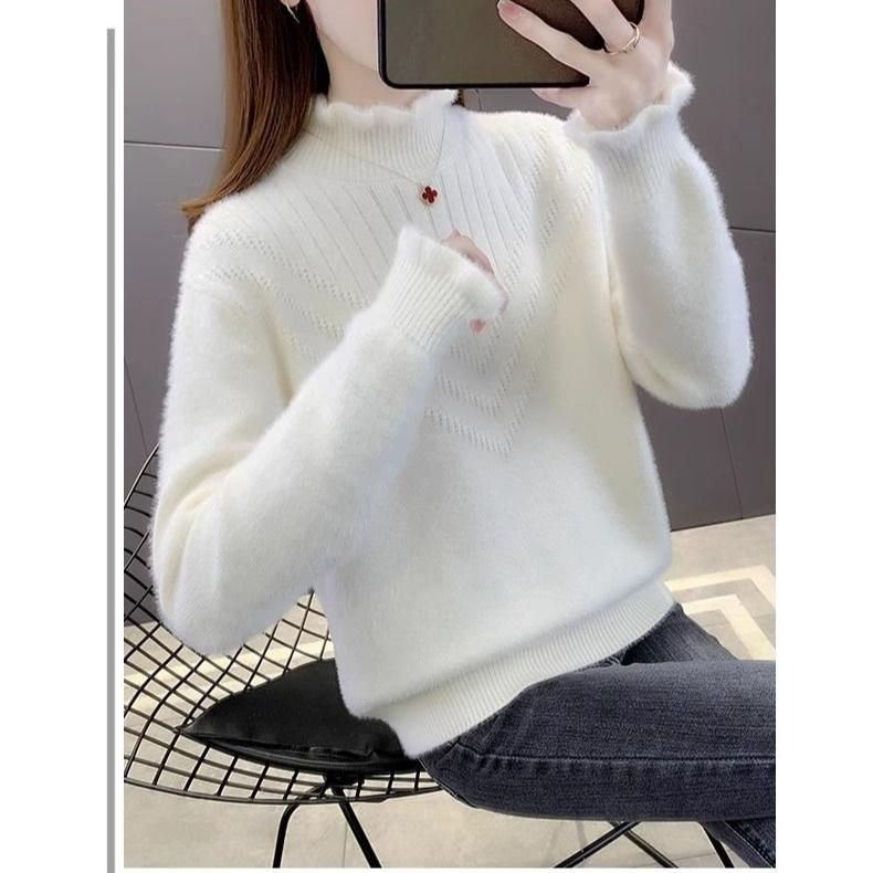 Damenmode Spitze Nerzpullover Winter Dick Warm Rollkragen Locker Gestrickte Oberteile