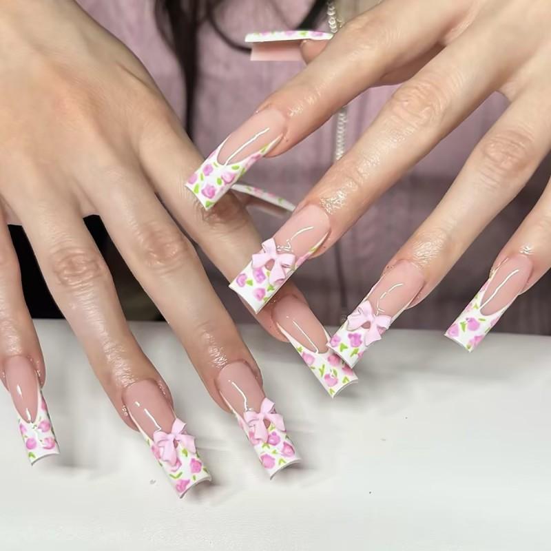 Long Water Drop Shape Pink Floral Press-On Nails With White French Tip Sweet Ins Style Fake Women Gel Nail