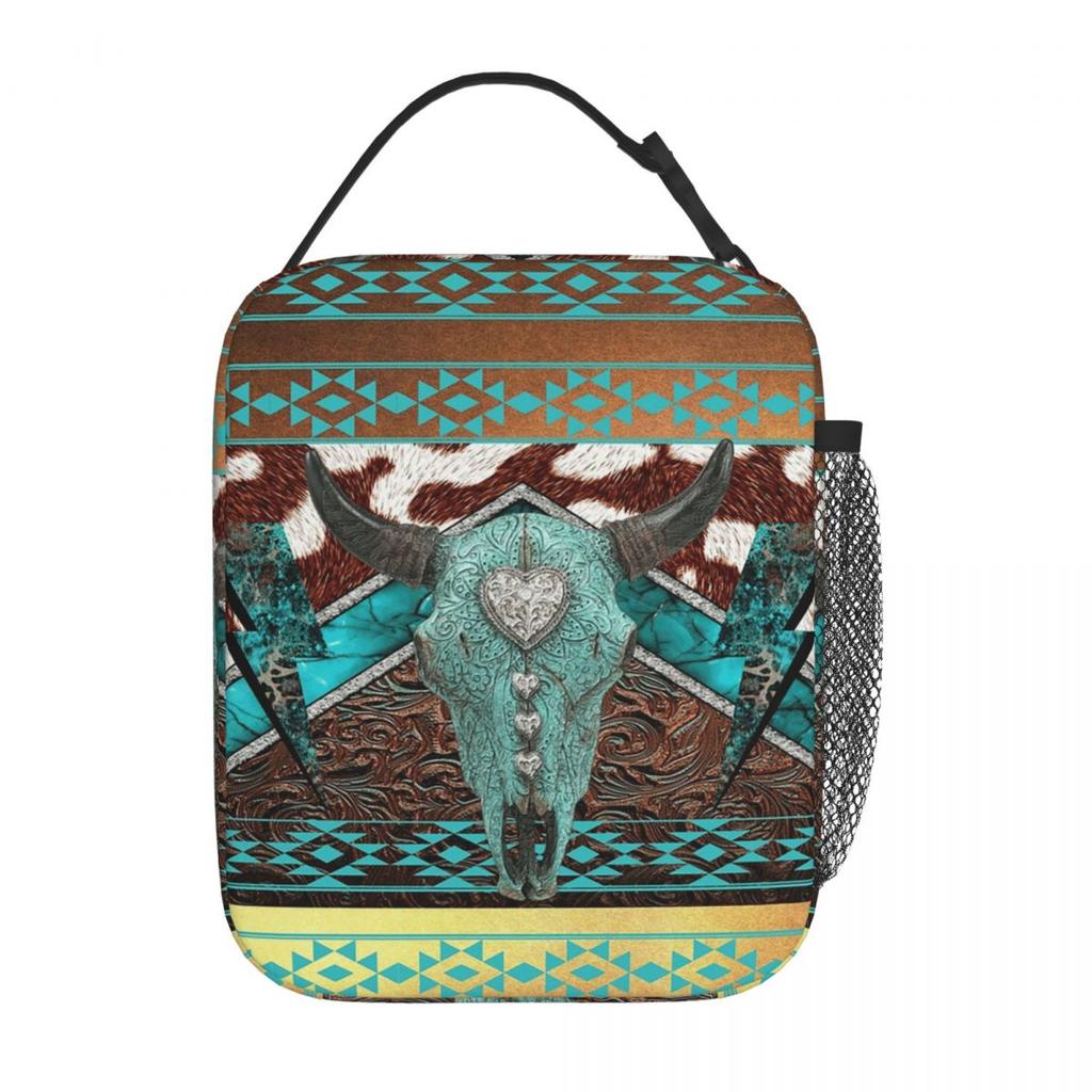 Tribal Bull Head Western Cowboy Insulated Lunch Bag for Women Cooler Thermal Food Box Tote Leakproof Lunch Boxes Container