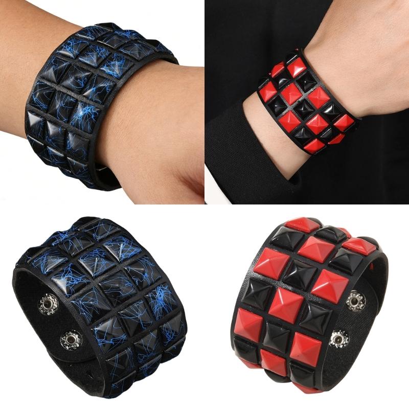 Comfort Fit Adjustable Bracelet Three Row Square Studs Punk Design Soft Leather for Stylish Daily Fashion