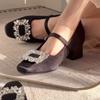 Inside Heightened Kitten Heel Autumn New Square Toe Shallow Mouth Rhinestone Square Buckle One-band Non-slip Single Shoes