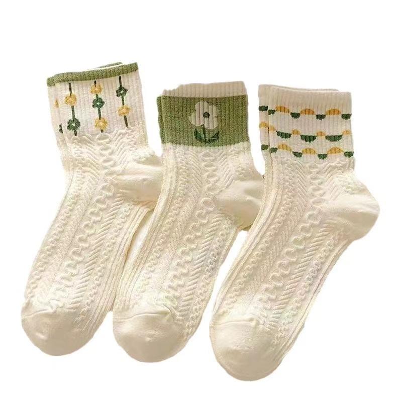 5 Paar Retro-Blümchensocken, Struktur-Unifarbsocken, Damensocken & Strumpfwaren Wadenhohe Socken Rustikale Retro-Freizeitsocken
