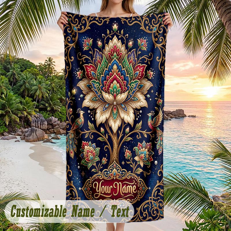 Elegant Lotus Theme Quick Dry Beach Towel Custom Name Text Print Large Sand Resistant Towel Beach Vacation