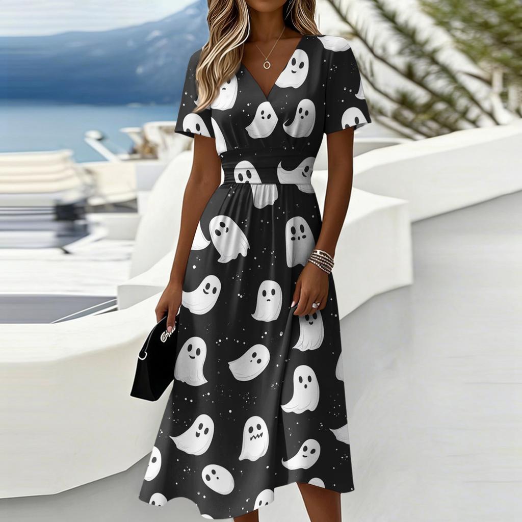 Women's Casual Short Sleeve V-Neck Dress with Halloween Print for Everyday Wear