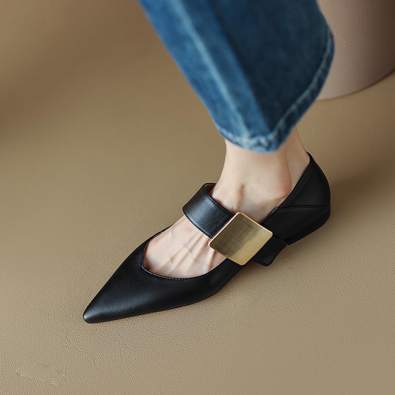 VANGULL Brand Spring Women Pumps Natural Leather Cowhide+pigskin Full Leather Metal Square Buckle Shoes