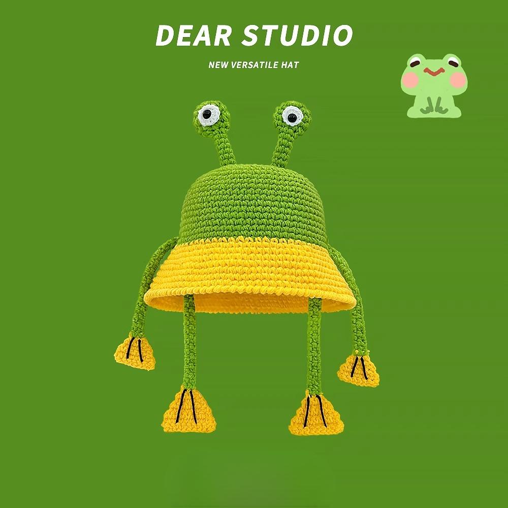 New Super Cute Funny Hat for Women Handmade Knitted Ear Protection Winter Warm Frog Wool Hat