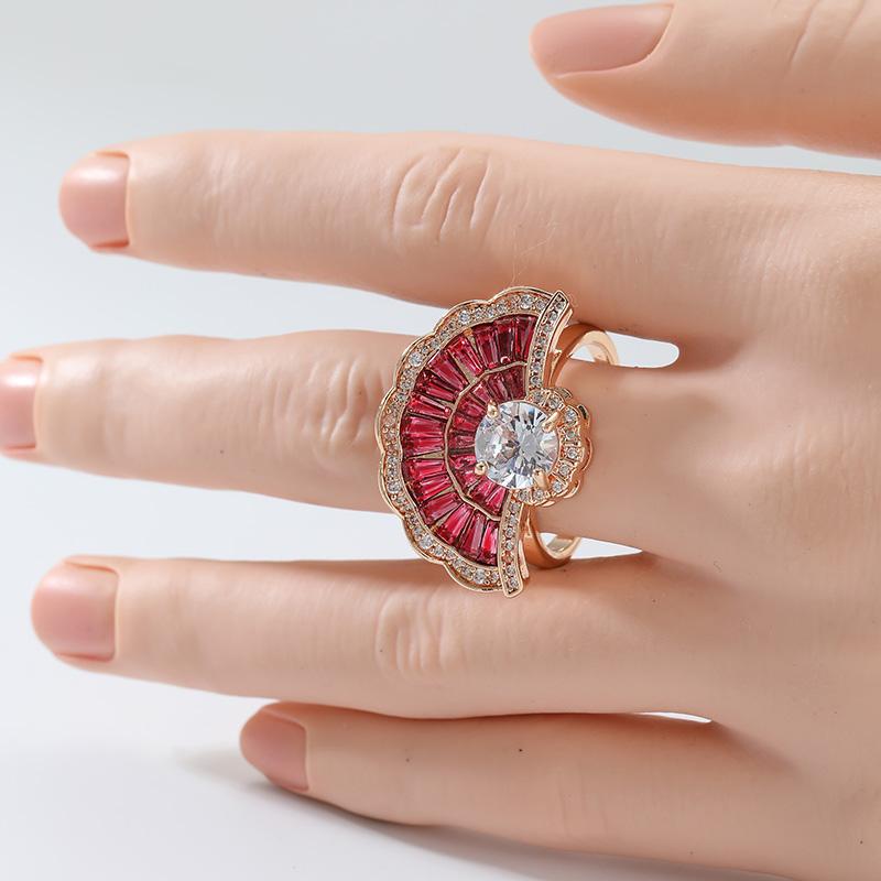 Gorgeous Inlaid White Red CZ Women's Ring Aesthetic Gold Color Hand Carving Daily Wear Party Jewelry Anniversary Gift