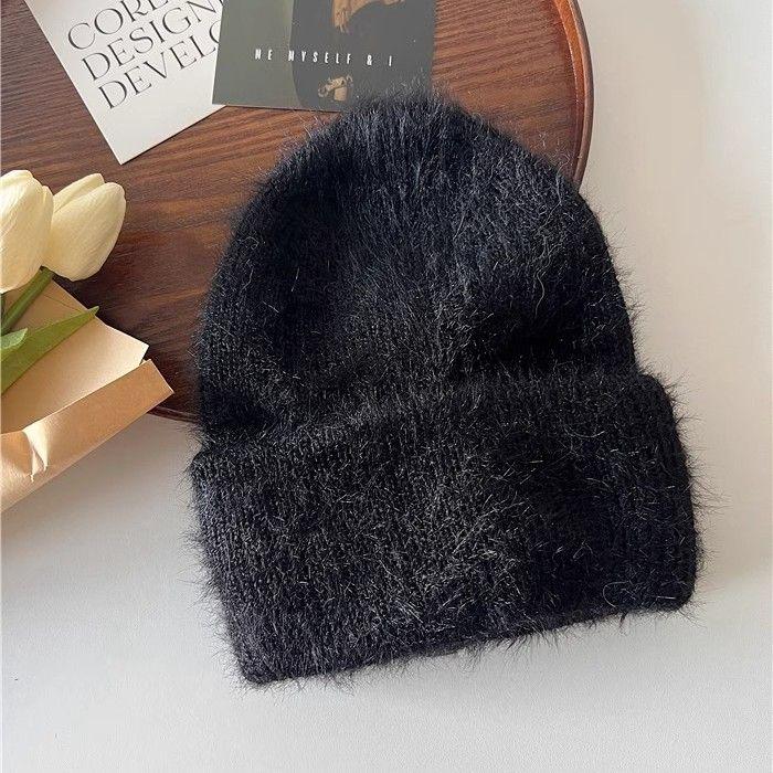 Women Winter Soft Faux Mink Fur Knitted Beanie, Japanese & Korean Style Warm Thick Cashmere-Like Rolled Edge Hat, Cozy Fluffy Purple Knit Cap