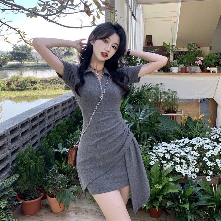 Summer Short-sleeved Polo Dress Women's Year New Irregular Waist-wrapped Hip Short Skirt Slim Spice Skirt