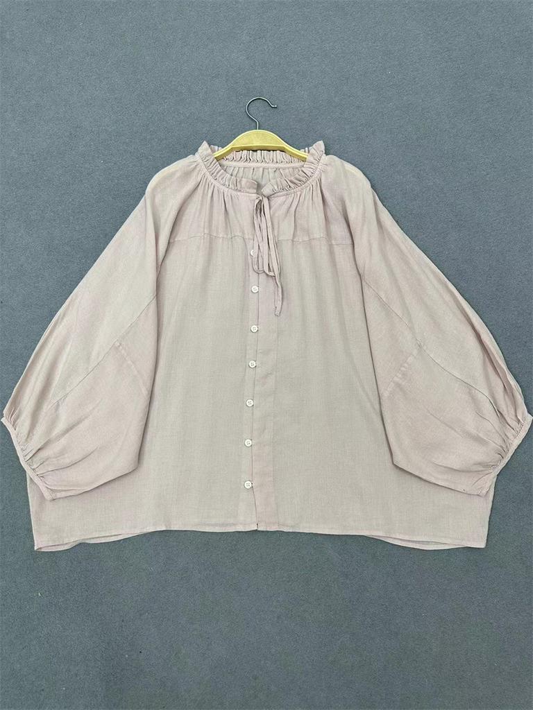 Johnature Japanische Casual Loose Bat Shirts Einfarbige Shirts Sommer Vintage Rüschen Kragen Krawatte Tops Frauen