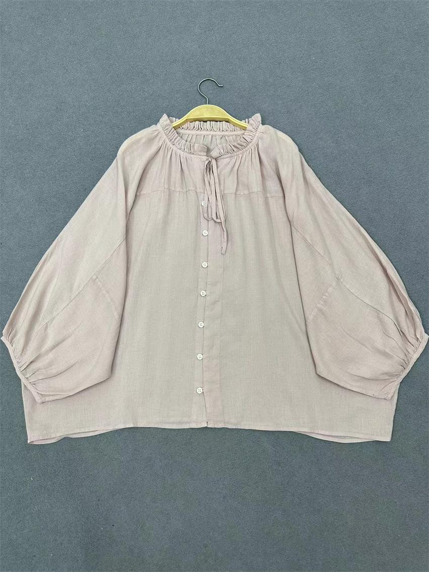 

Johnature Японские повседневные свободные рубашки «летучая мышь», однотонные рубашки, летние винтажные женские топы с воротником и оборками и галстуком One Size розовый