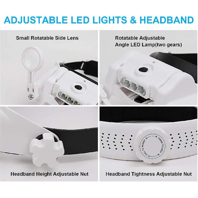 Headband Magnifying Glass with Light, Rechargeable Head Magnifying Glasses 1X to 14X, Magnifier Headset with 6 Detachable Lens, Hands Free Head Mount