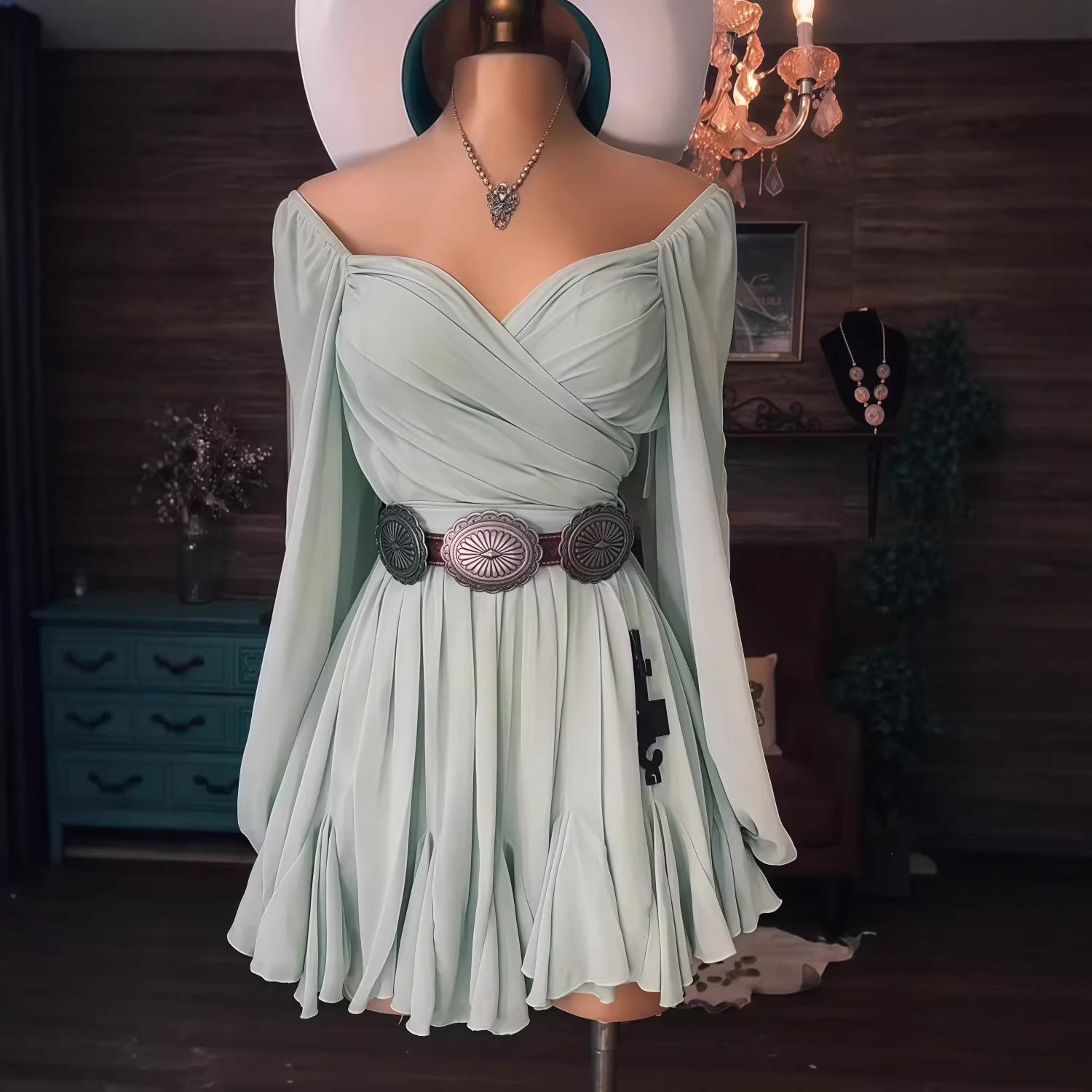 

Women s Off Shoulder Deep V-Neck Bell Sleeve Ruffle Hem Dress with Belt XXL світло-зелений колір