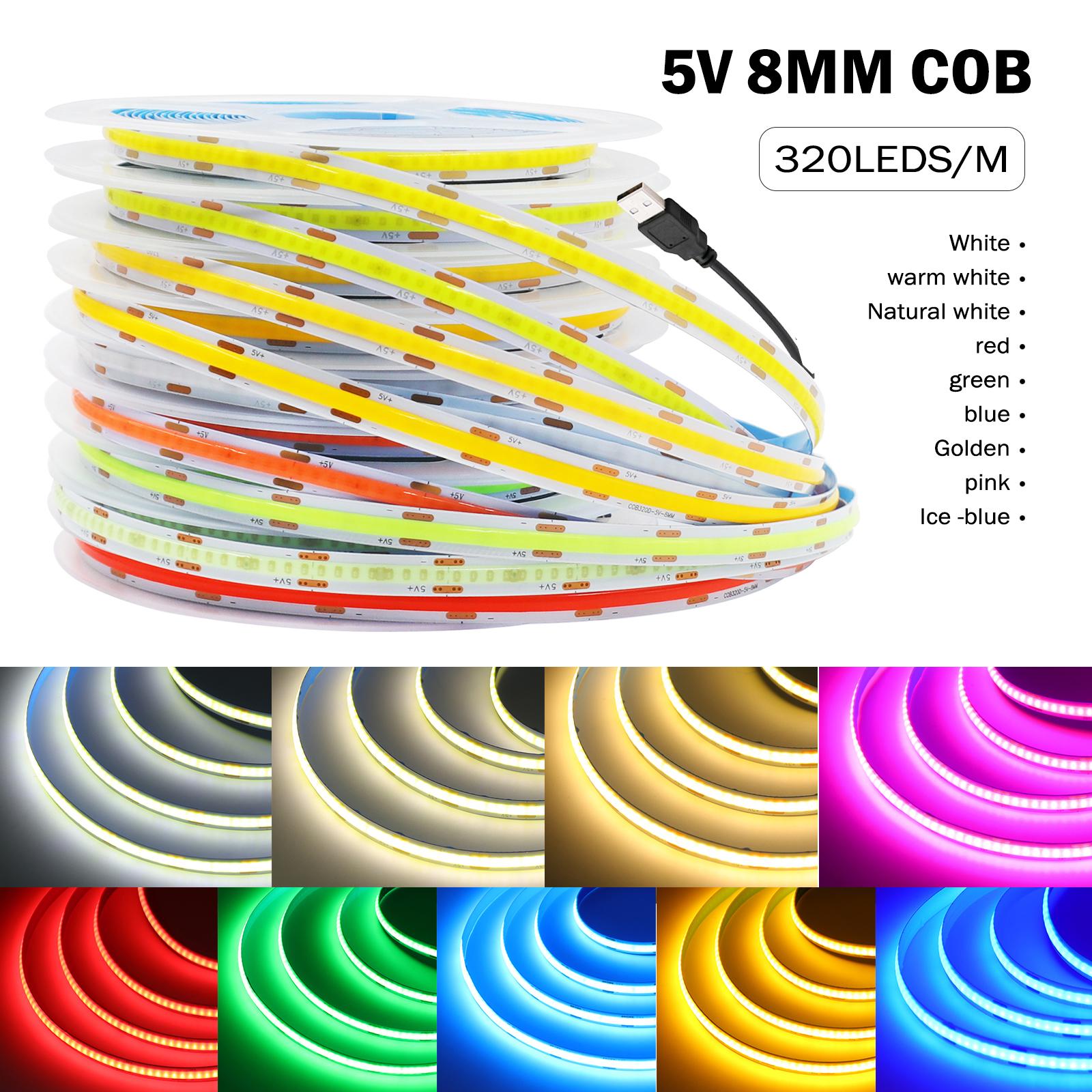 

DC 5V USB COB Strip 320Leds/M White/Ice Blue/Pink/Yellow/Pink/Red PCB 8MM Flexible Ribbon Rope Night Lamp TV Backlight LED Strip 0.5m теплый белый