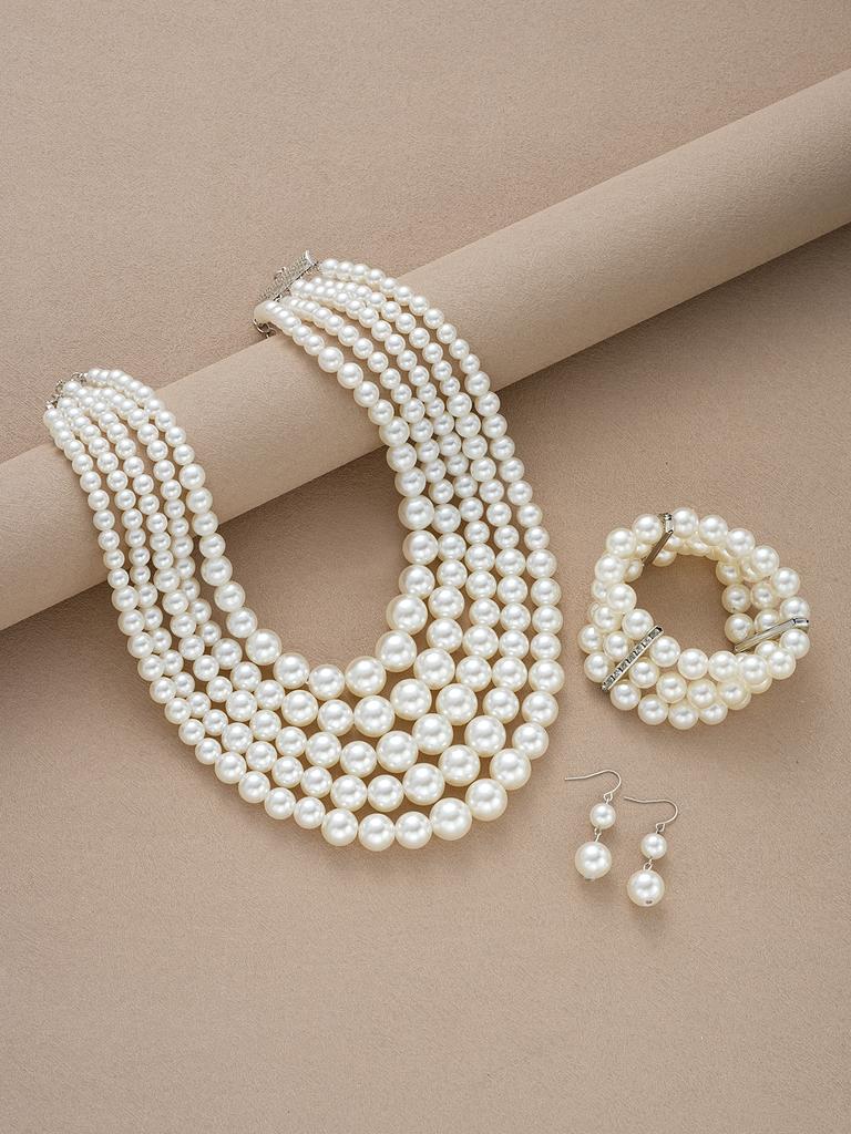 Punk Pearl Jewelry Set for Women Multi Layered Imitation Pearl Choker Necklace Bracelet Drop Earring Set Boho Handmade Jewelry