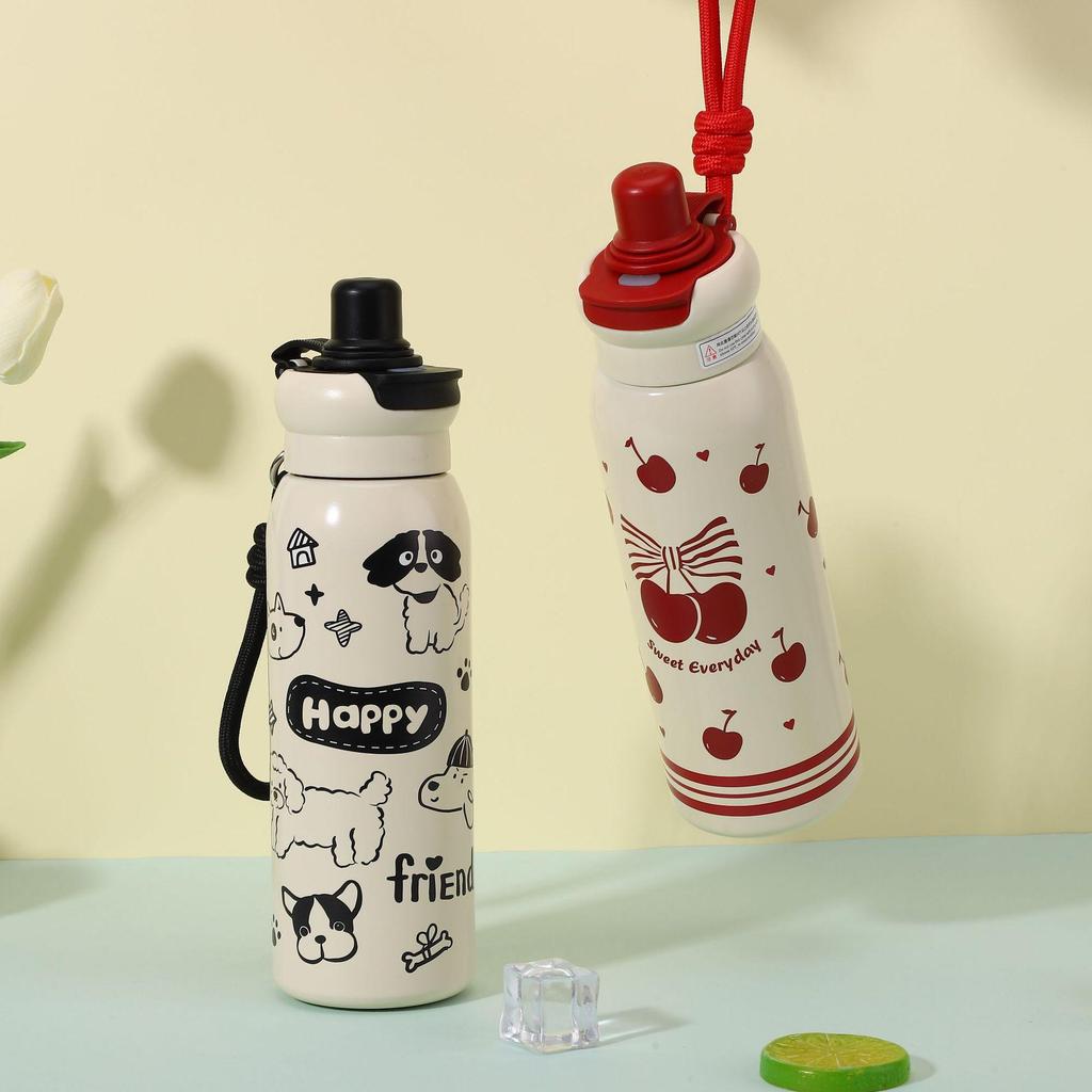 New High-value Cute Cartoon Straw Cup Will Carry Rope Double Drink Straight Cup 316 Stainless Steel Thermos Cup