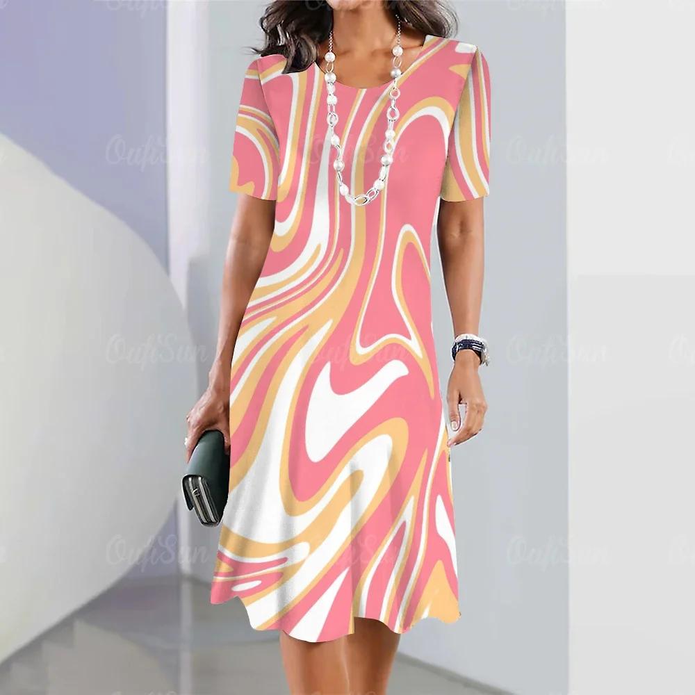 Летние женские платья, Женская одежда с круглым вырезом и коротким рукавом, Платья с неровным полосатым принтом, Свободная уличная одежда S