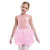 Robe de spectacle de danse pour filles Sans manches Fermeture éclair invisible au dos Patchwork en maille transparente Sequins brillants Plume Velours Robe