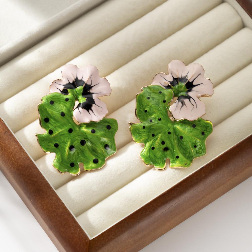 Chic European Style Enamel Drop Oil Floral And Leaf Earrings For Women