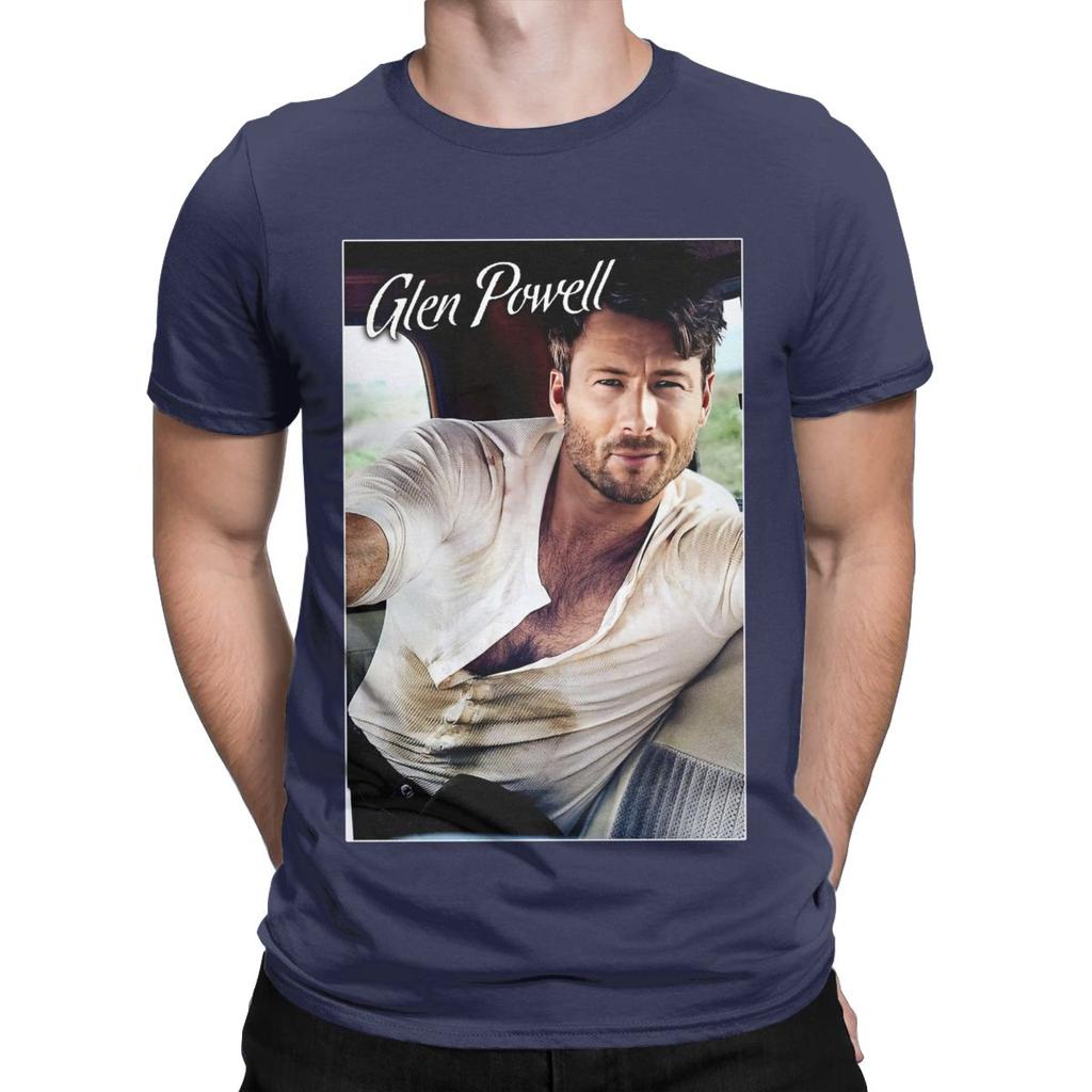 Men Glen Powell 90s Retro T Shirts Cotton Clothes Vintage Short Sleeve Crewneck Tee Shirt Classic T-Shirts