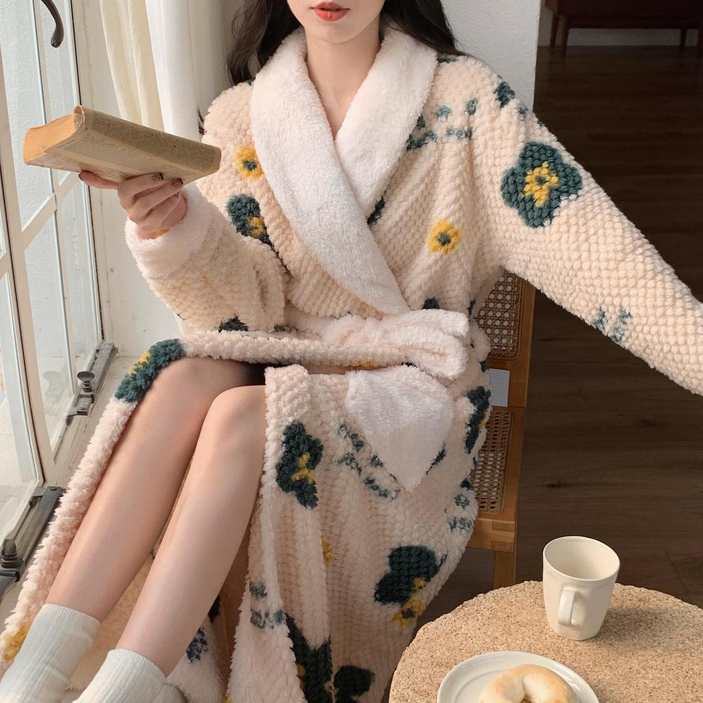 Autumn/Winter Women's Coral Fleece Bathrobe: V-neck, Belted, Long Sleeves, Mid-length, Sweet Style, Warm Homewear.
