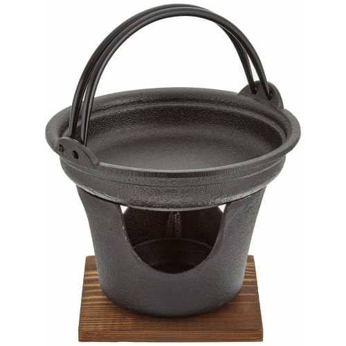 Asahi Iron Nanbu Sukiyaki Pot and Stove Set, Cast Iron/Natural Wood Base, Japan QSK41