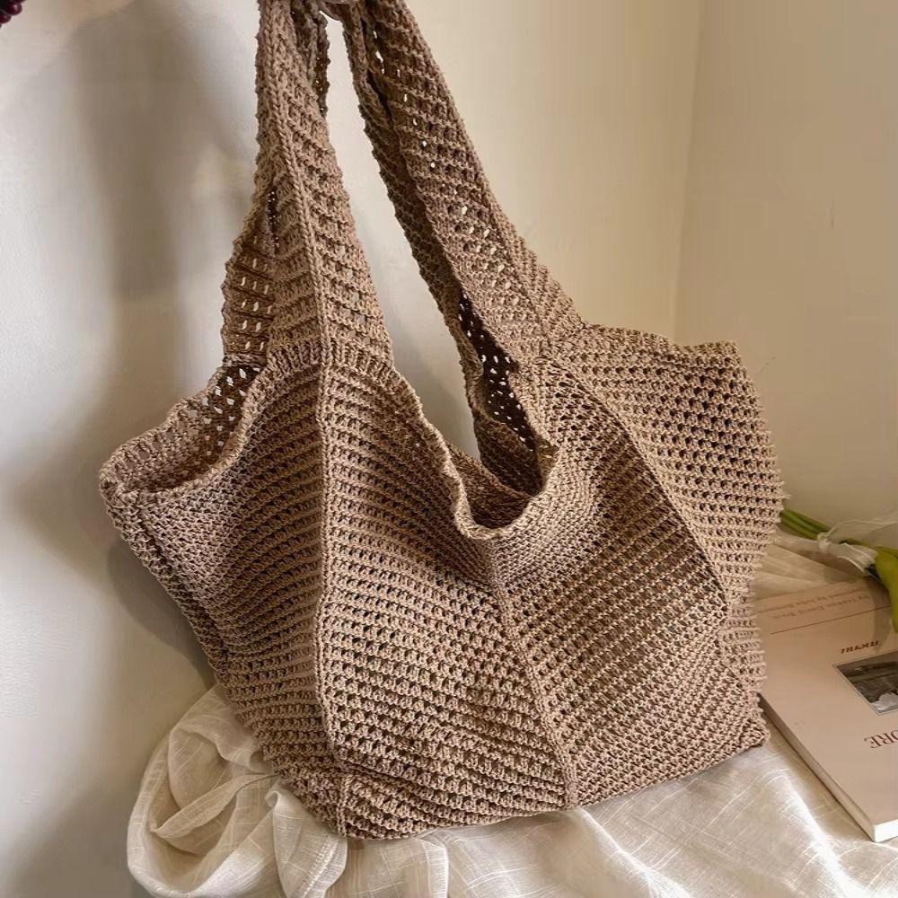 Solid Color Knitting Shoulder Bag Hollow Out Versatile Bohemian Crochet Tote Bag Vintage Elegant Casual Woven Handbag Vacati