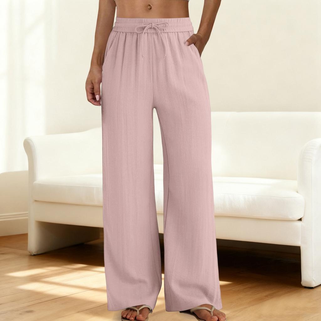Wide Leg Pants for Women Flowy  Drawstring Elastic Waist Trousers with Pockets Summer Beach Vacation Clothes