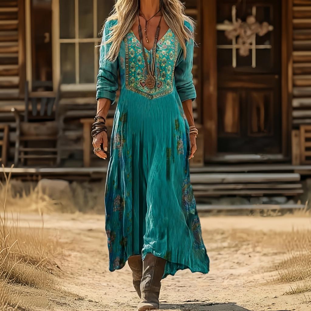 Women's Vintage Ethnic Floral Print Long Sleeve Dress Bohemian Vacation Beach Maxi Dress with V Neck and Relaxed Fit