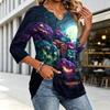 Women's Casual V-Neck Three-Quarter Sleeve Blouse with Halloween Print for Fall Parties